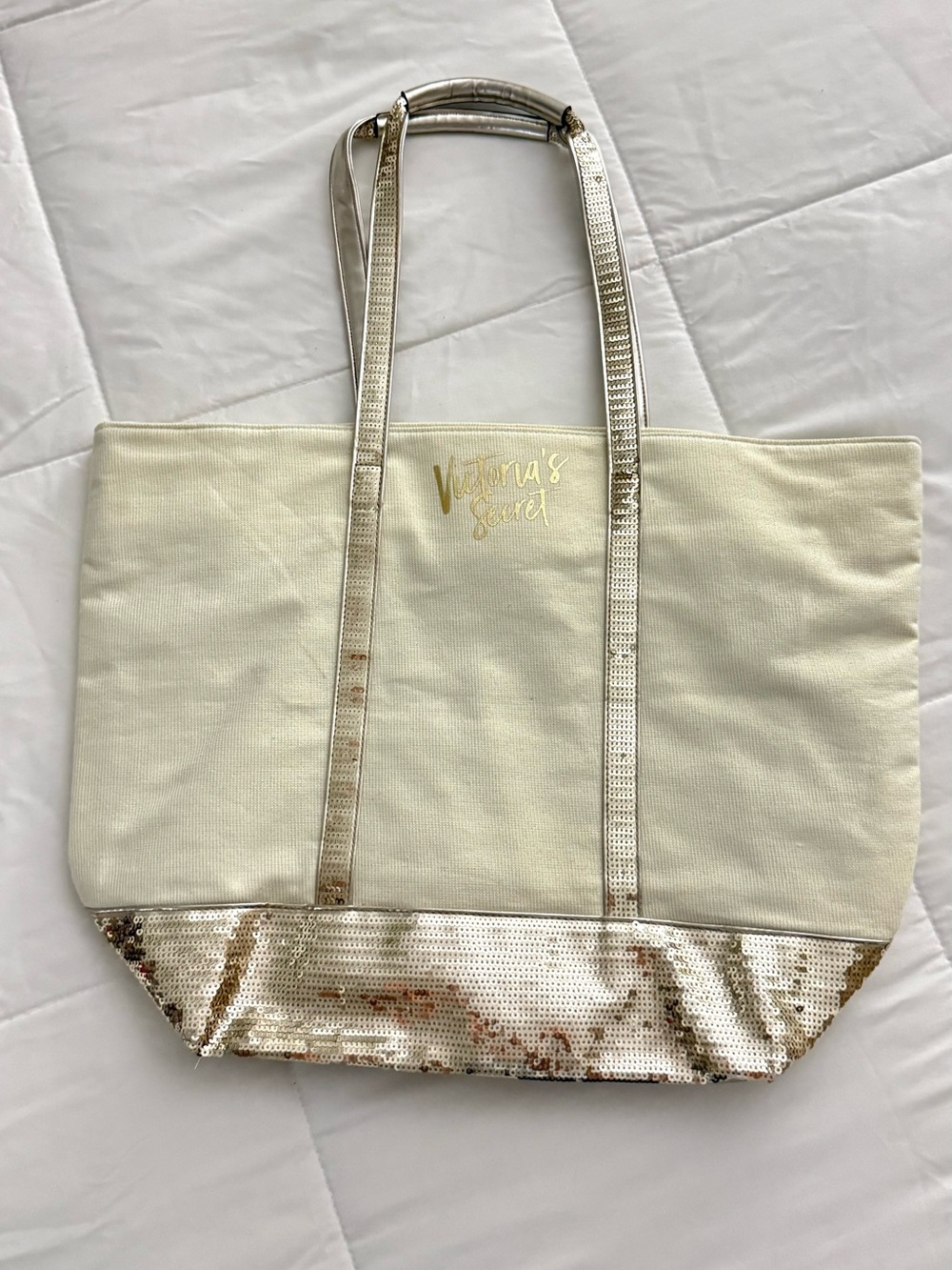 Victoria's Secret Cream Tote with Metallic Gold Sequin Trim